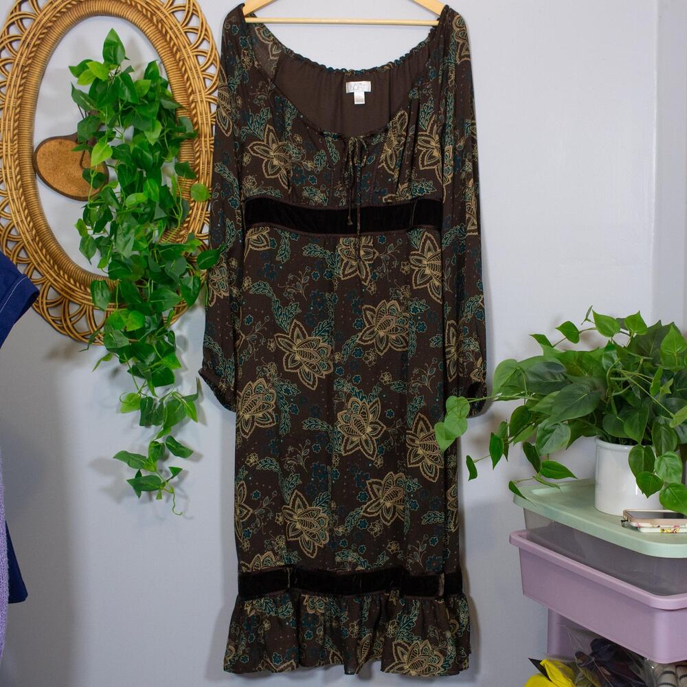 VTG Y2K Velvet Trim Fairy Ann Taylor Loft Medallion Print Midi Dress Dark Autumn
